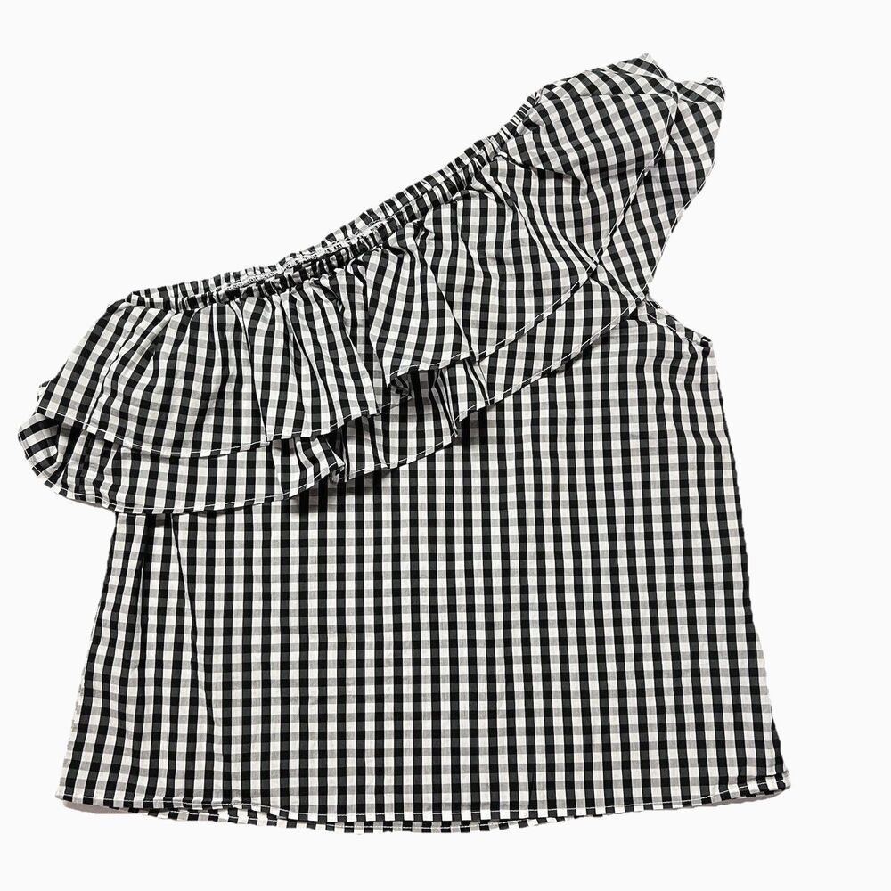 Halogen Women's One Shoulder Ruffle Accent Gingham Top Size Large Black & White - Picture 3 of 11